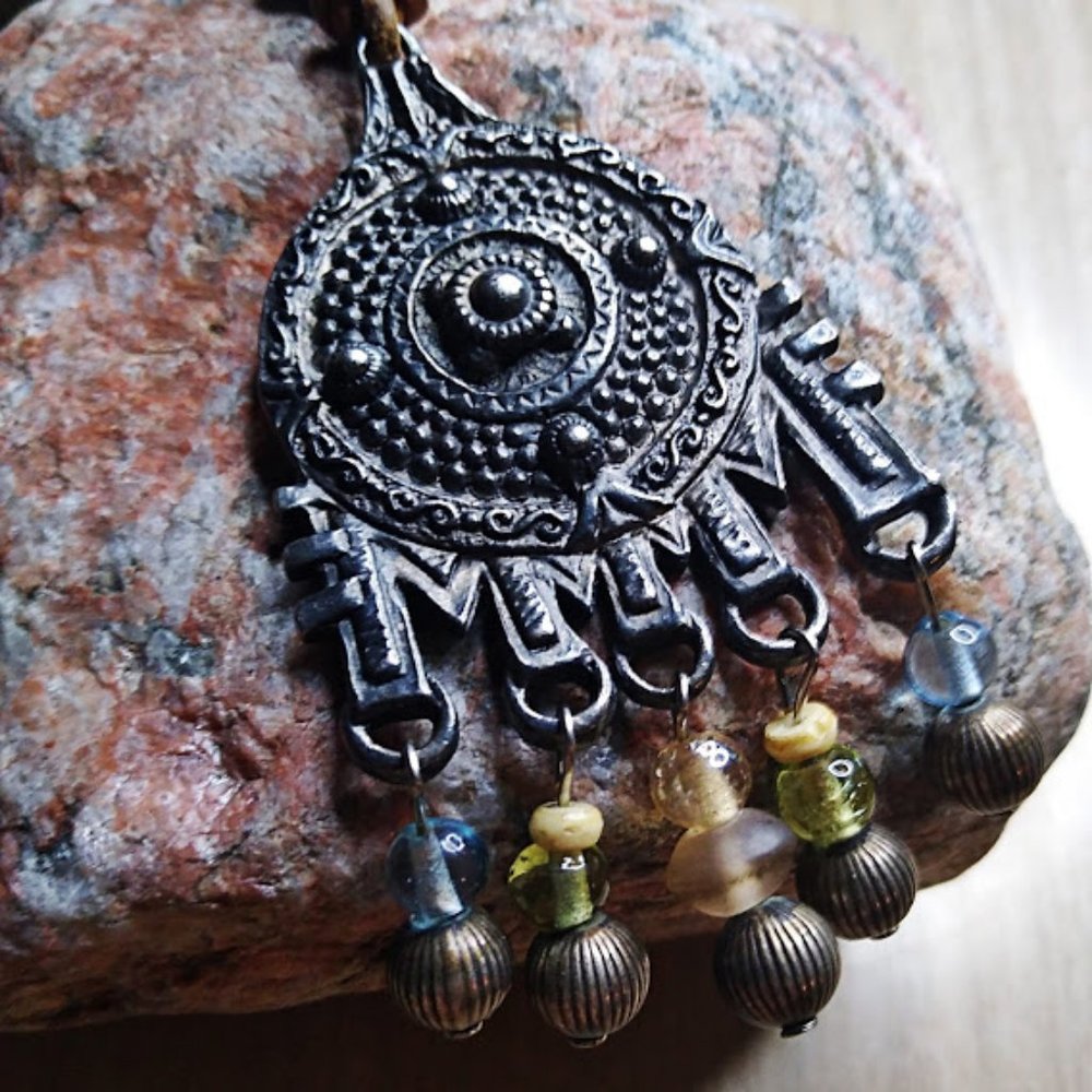Boho Tribal Pendant Necklace on Leather Cord